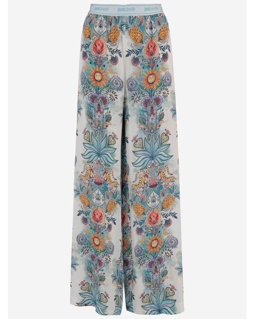 Just Cavalli Blue Viscose Trousers With Floral Print