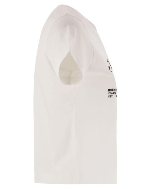 Moncler White Cotton T Shirt With Embroidered Cursive Logo
