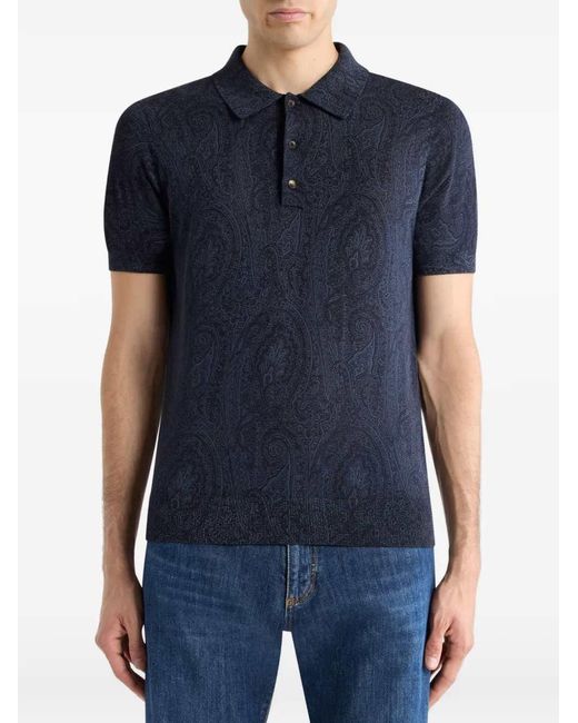 Etro Blue Paisley Floral Print Polo Shirt