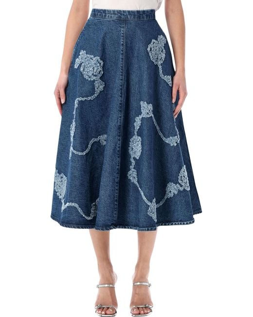 ROTATE BIRGER CHRISTENSEN Blue Rotate Floral Denim Midi Skirt