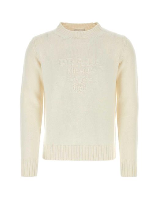 Prada White Ivory Wool Blend Sweater for men