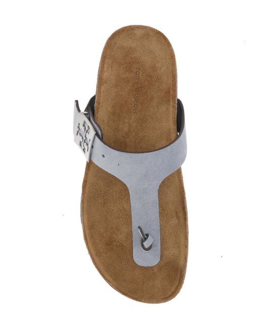 Tory Burch White Mellow T-Riemen Sandale Aus Genarbtem Leder