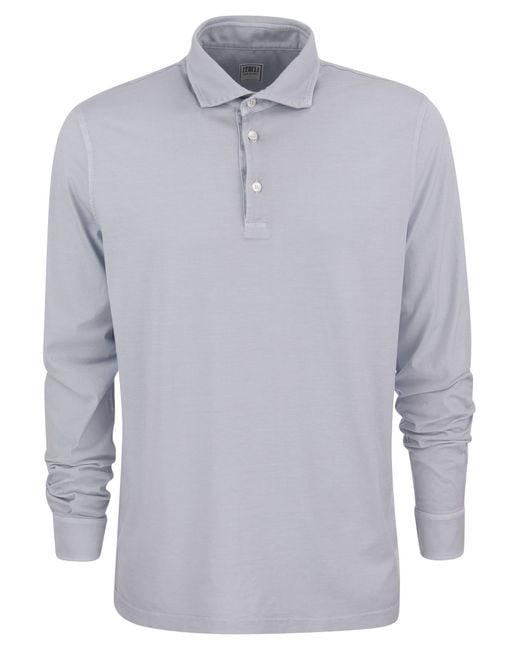 Fedeli Blue Long Sleeved Cotton Polo Shirt for men