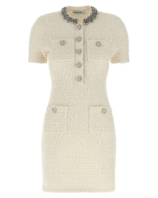 Self-Portrait Natural Mini Dress With Knit Tweed Texture And Crystal Acc