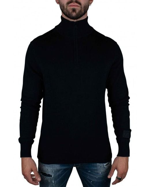 C P Company Blue Fine Knit High-Collar Sweater
