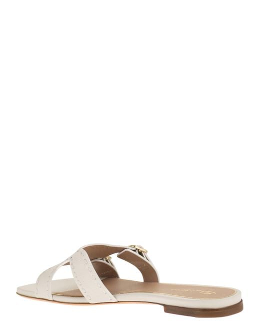 Santoni White Leather Flat Sandals With Double Buckle Straps