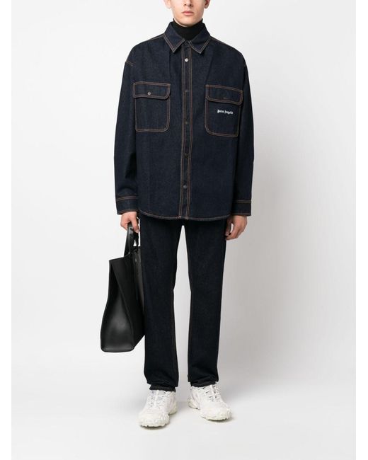 Palm Angels Blue Palm Angles Logo-Embroidered Denim Shirt for men