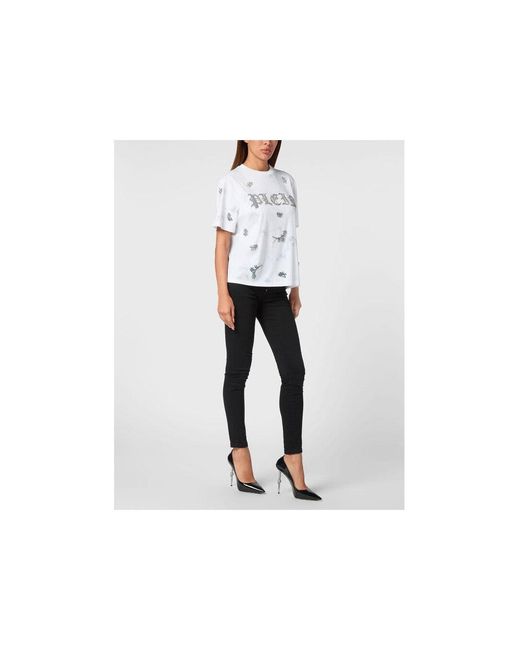 Philipp Plein White T-Shirt Round Neck Ss Flowers