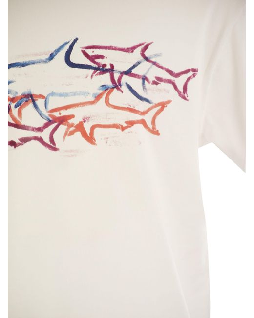 Camiseta de algodón de con estampado de tiburones Paul & Shark de color White