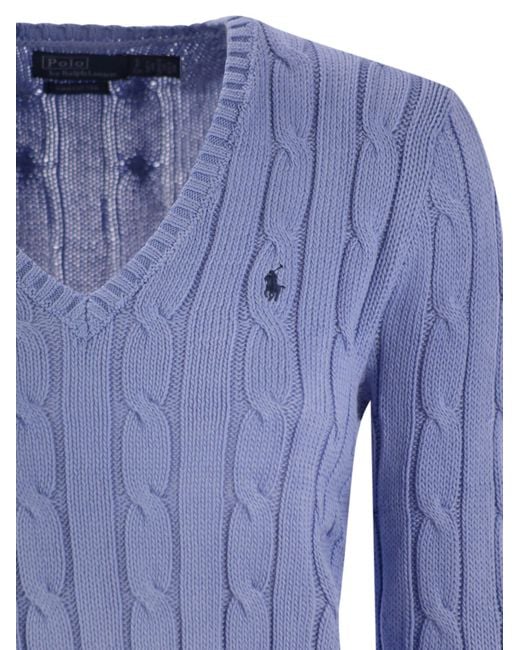 Polo Ralph Lauren Blue Plaited Cotton V-Neck Sweater