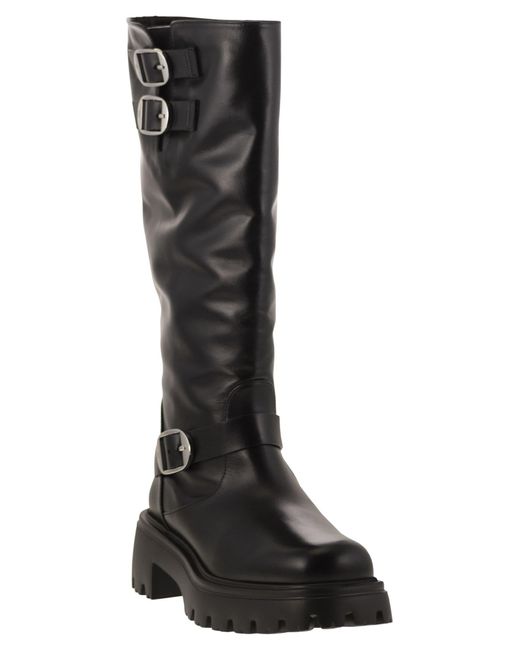 Stuart Weitzman Black Structured Knee-High Moto Leather Boots for men