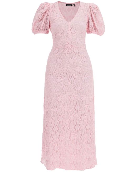ROTATE BIRGER CHRISTENSEN Pink Drehen Sie rosa Spitzen -Midi -Kleid mit Puffärmel