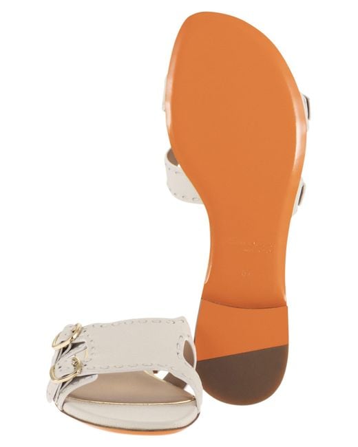 Santoni White Leather Flat Sandals With Double Buckle Straps