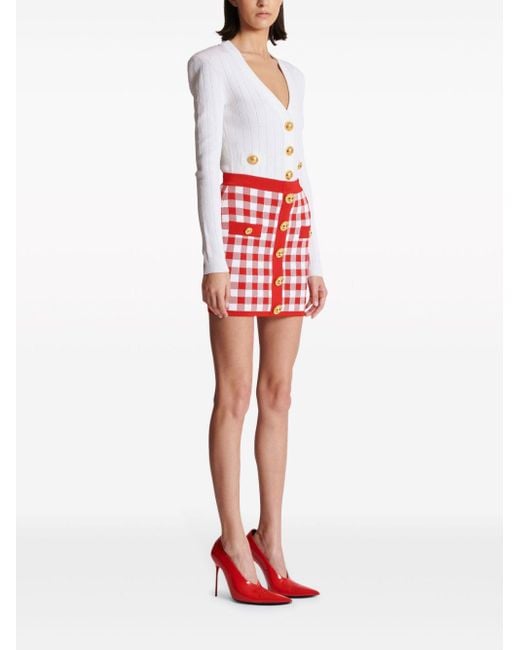 Balmain Red Vichy Buttoned Mini Skirt