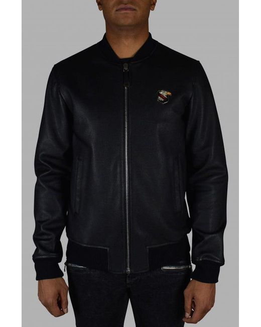 Philipp Plein Black Leather Bomber Jacket With Crest
