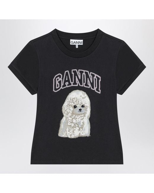 Ganni Black Washed T-Shirt With Poodle Print