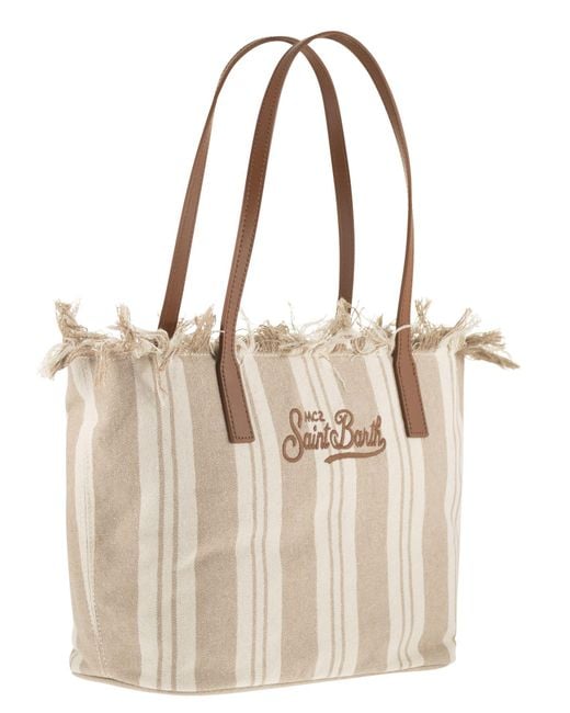 Mc2 Saint Barth Natural Striped Cotton Tote Bag With Leather Handles