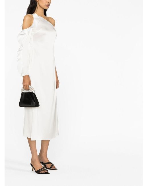 David Koma White Ruffle Detail One Shoulder Midi Dress