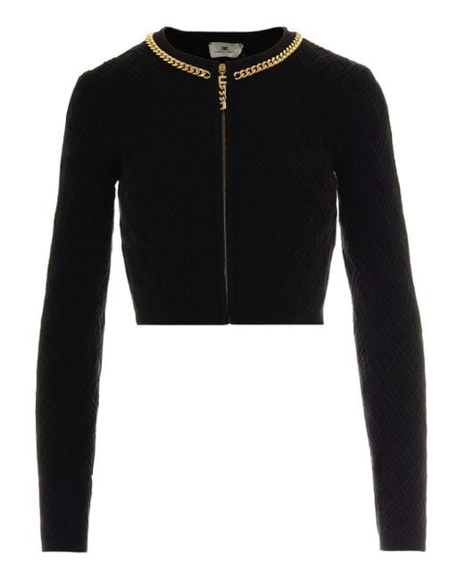 Elisabetta Franchi Black Chain-Trim Diamond-Pattern Cardigan