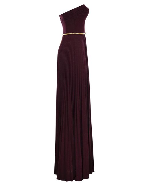 Elisabetta Franchi Purple Pleated Lurex Jersey Carpet Dress With Belt