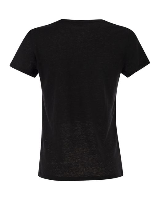 Majestic Black Stretch Linen T Shirt With Round Neckline