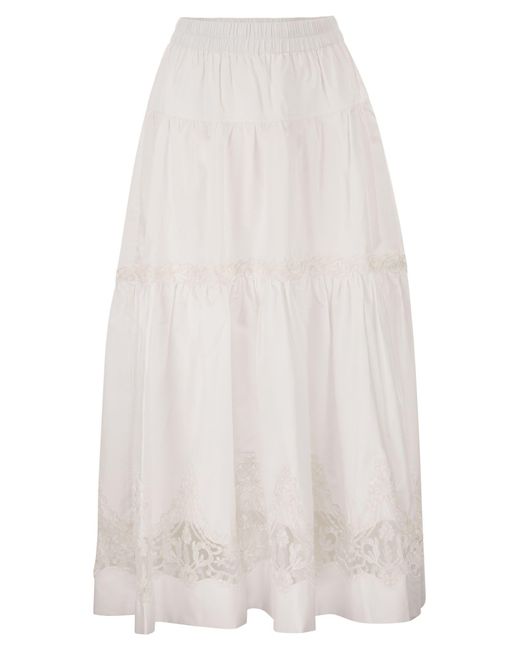 Maurizio Mykonos White Cotton And Rayon Midi Skirt With Embroidered Inserts