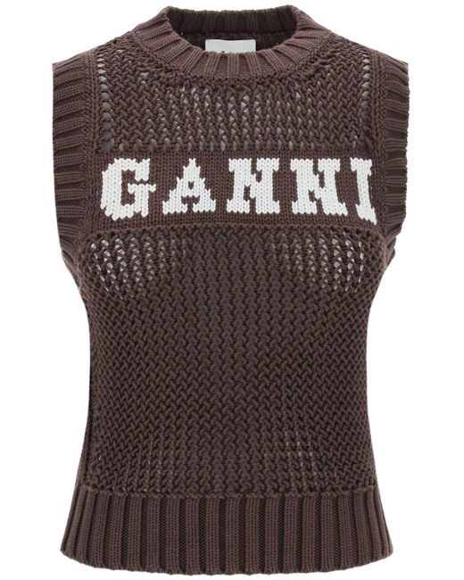 Gilet en tricot de point ouvert avec logo Ganni en coloris Brown