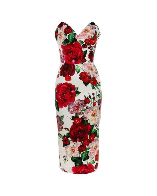 Dolce & Gabbana Red Strapless Floral-Print Satin Bustier Midi Dress
