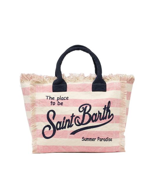 Mc2 Saint Barth Pink Striped Cotton Canvas Vanity Tote Bag
