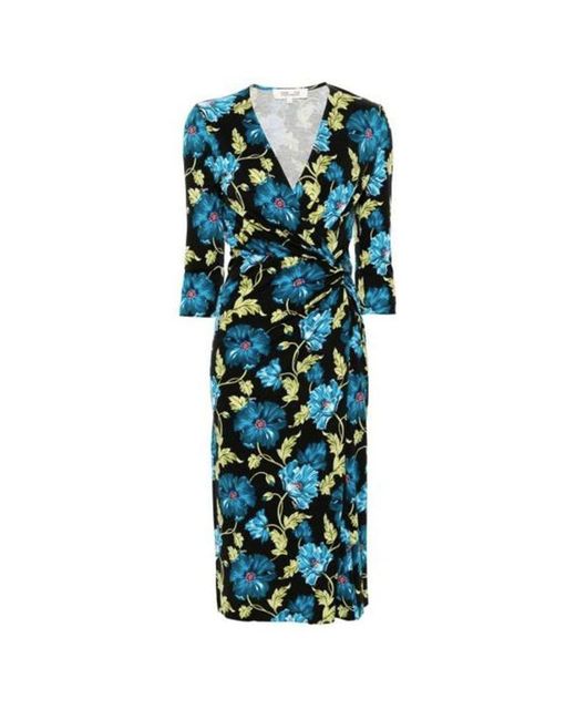 Diane von Furstenberg Blue Floral Wrap Midi Dress With Elegant V-Neckline