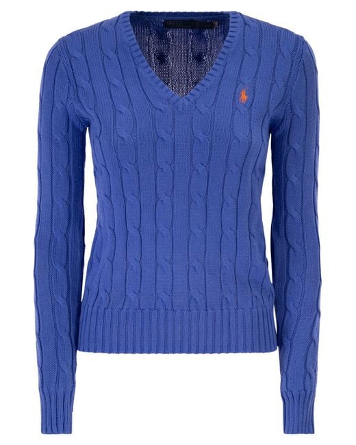 Polo Ralph Lauren Blue Cotton Cable Knit Jumper With V Neck