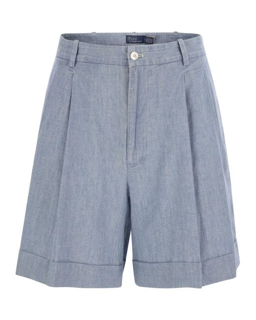 Polo Ralph Lauren Blue Pleated Cotton Chambray Shorts
