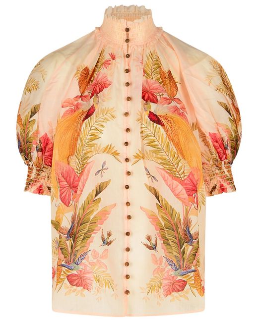 Zimmermann 'billow' Ramie Puff Sleeves Blouse In 'cream Palm Floral' in het Natural