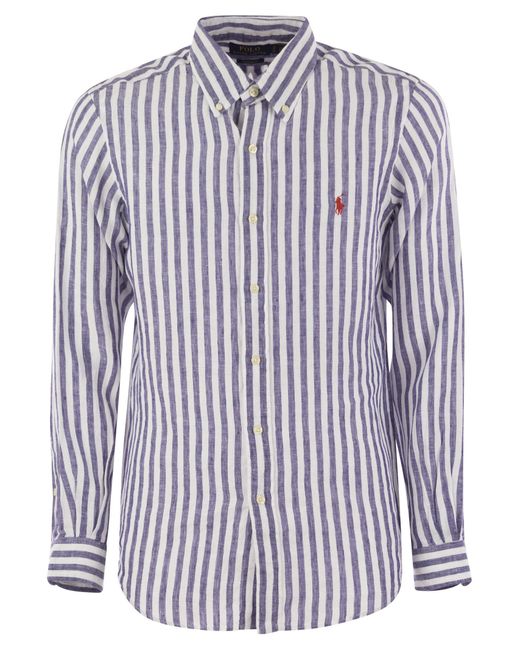 Polo Ralph Lauren Blue Custom Fit Striped Linen Shirt