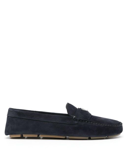 Prada Blue Enamel-Triangle-Logo Suede Loafers for men