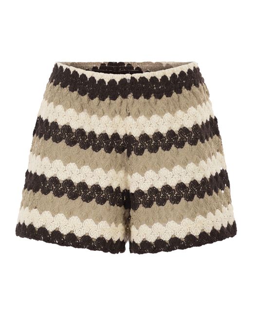 Mc2 Saint Barth Natural Striped Crochet Lace Shorts