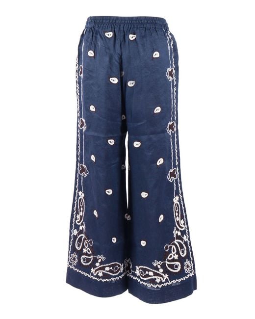 P.A.R.O.S.H. Blue Wide Leg Embroidered Linen Straight-Leg Pants