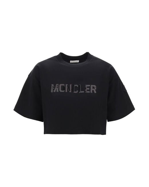 Moncler Black Beschnittenes T -Shirt mit Pailletten -Logo