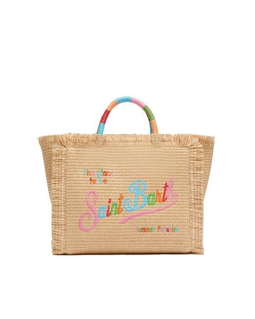 Mc2 Saint Barth White Borsa Colette Effetto Paglia Con Logo Ricamato Multicolore