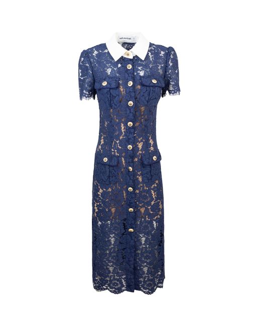 Self-Portrait Blue Lace Midi Dress With Contrast Collar