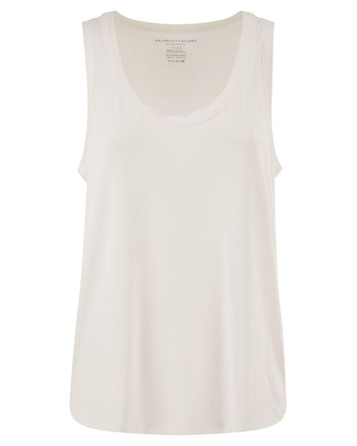 Majestic White Sleeveless Stretch Viscose Top With Wide Neckline