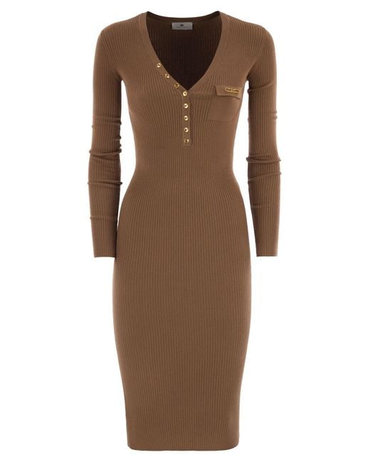 Elisabetta Franchi Brown Ribbed Knit Dress With Pocket