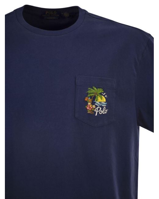 Polo Ralph Lauren Blue Cotton T Shirt With Tropical Embroidered Graphic