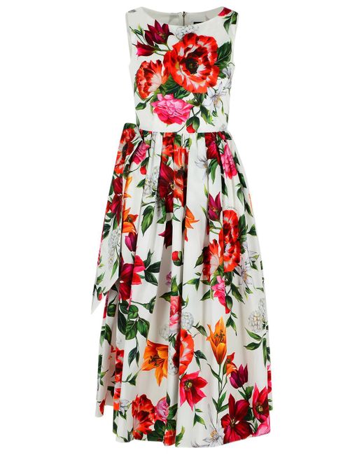 Dolce & Gabbana Red Ärmelloses Kleid in Baumwollpopelinblumendruck