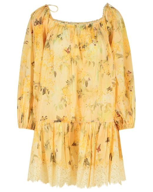 Zimmermann Yellow 'Cascadian' Cotton Mini Dress 'Botanical Flora'