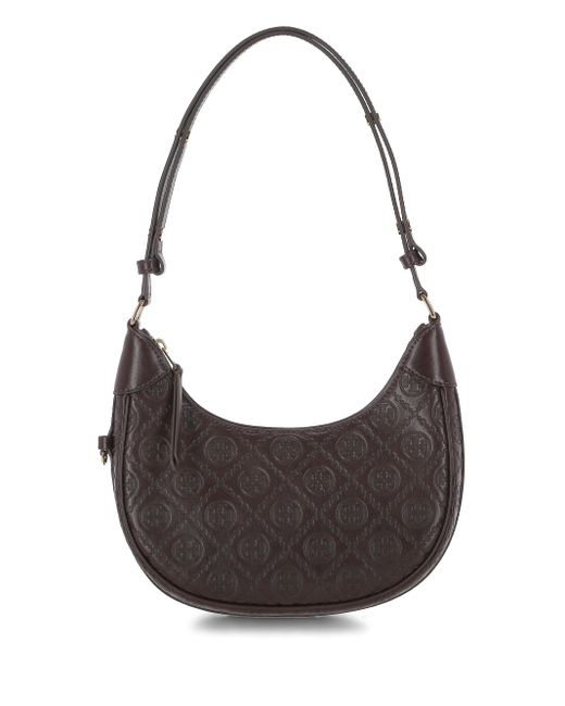 Tory Burch T Monogram Chocoladekalfsleer Schoudertas in het Gray
