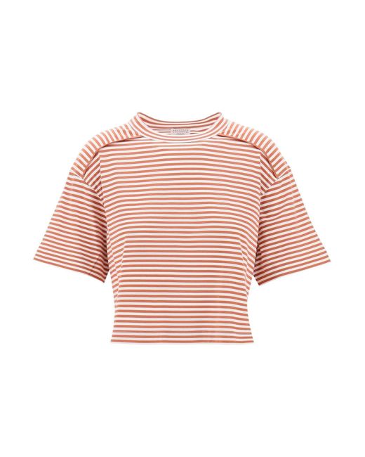 T Shirt Boxy A Righe di Brunello Cucinelli in Pink