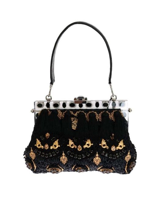 Dolce & Gabbana Cotton Black Tassel Gold Baroque Crystal Vanda Bag | Lyst