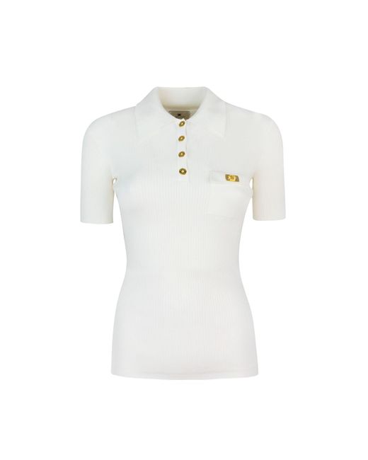 Elisabetta Franchi White Polo Bianca A Micro Costine Con Taschino