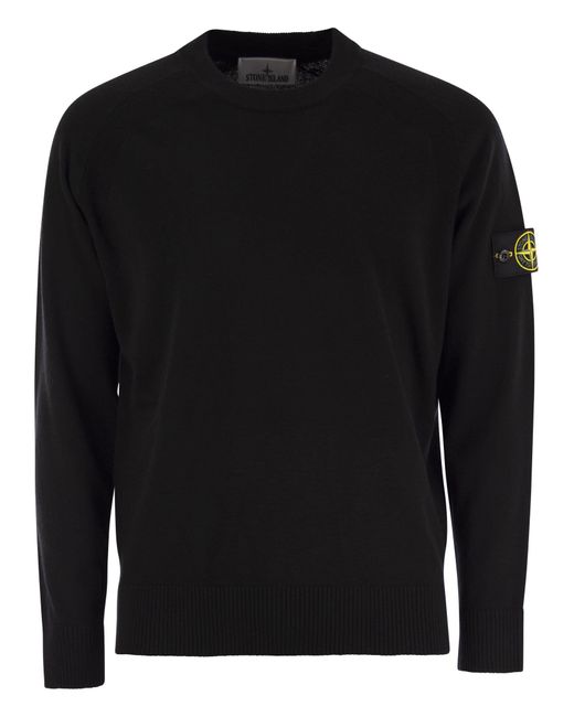 Stone Island Black Crew Neck Jumper With Raglan Sleeves And Ribbed Edges